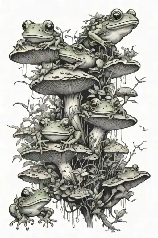 Frogs mushrooms forest large patchwork sleeve tattoo design idea