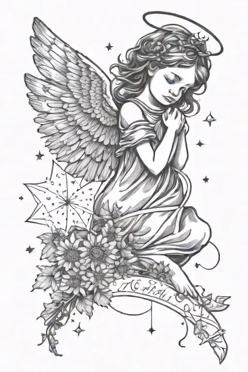 Inner child angel outline with dandelion wish and Sagittarius zodiac constellation above her and with 111 angel numbers  tattoo design idea