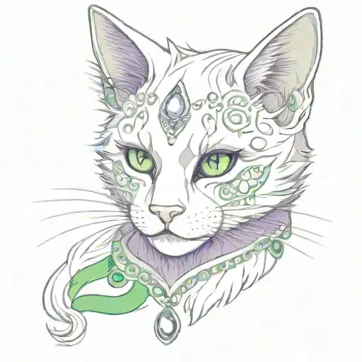 human-cat, lilac fur, silver tail, bangs, bright green eyes, ears&nbsp;decorated with several earrings in the form of skulls  tattoo design idea