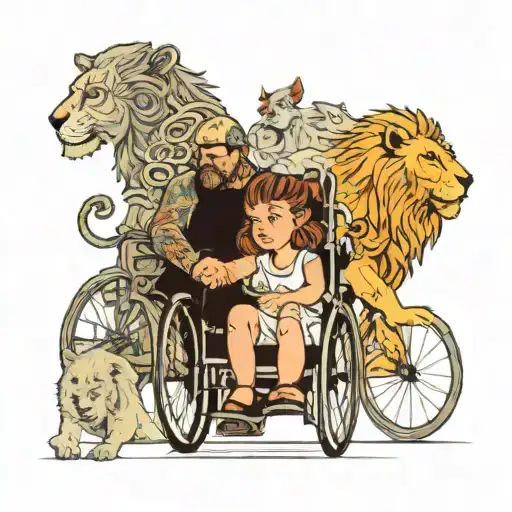 mum and dad on wheelchair. Daughter and Son with them With some angels and lions and cool features tattoo design idea