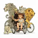 mum and dad on wheelchair. Daughter and Son with them With some angels and lions and cool features tattoo design idea
