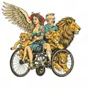 mum and dad on wheelchair. Daughter and Son with them With some angels and lions and cool features tattoo design idea