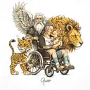 mum and dad on wheelchair. Daughter and Son with them With some angels and lions and cool features tattoo design idea