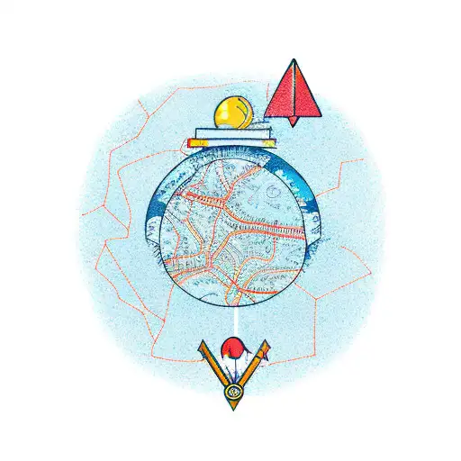 A whimsical illustration of a teacher holding a crystal ball, with a road map and compass in the background symbolizing their love for road trips tattoo design idea