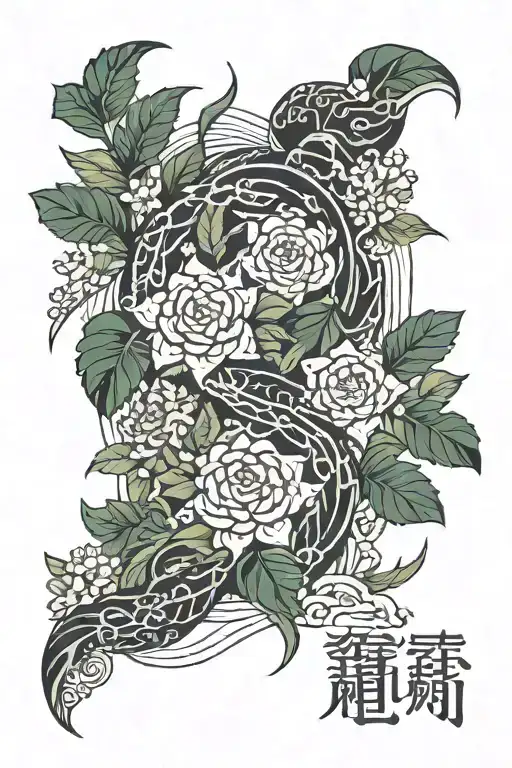 Plants wrap around the hieroglyph 쇼 tattoo design idea