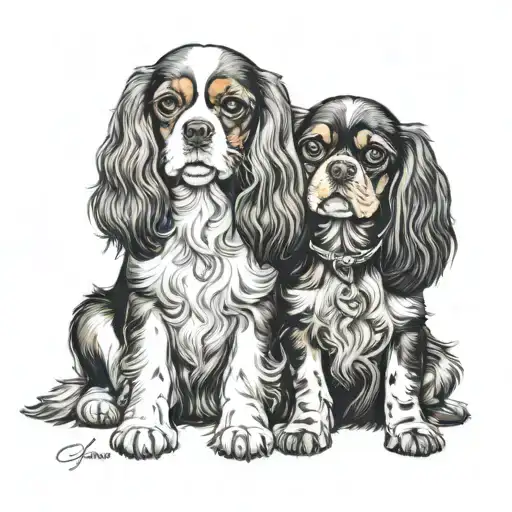 tri colour cavalier King Charles spaniel and Ruby cavalier King Charles spaniel, sat next to each other tattoo design idea