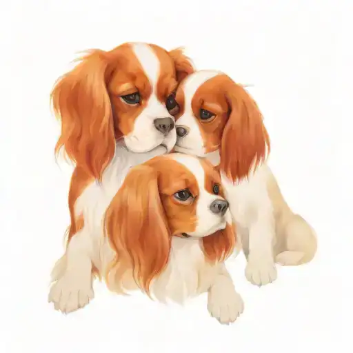 tri colour cavalier King Charles spaniel and Ruby cavalier King Charles spaniel, sat next to each other tattoo design idea