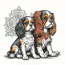 tri colour cavalier King Charles spaniel and Ruby cavalier King Charles spaniel, sat next to each other tattoo design idea