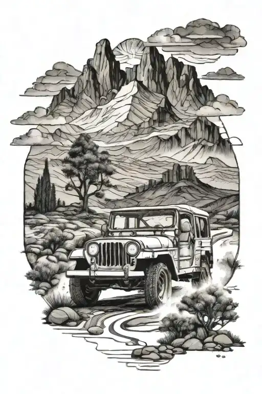 A detailed blackwork tattoo of a vintage Jeep driving through a rugged Texas landscape tattoo design idea