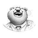 A cartoon mafia boss, bear smoking, and a fuzzy Teletubby with a trucker hat, holding a hunting rifle, and a cooler righ tattoo design idea