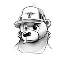 A cartoon mafia boss, bear smoking, and a fuzzy Teletubby with a trucker hat, holding a hunting rifle, and a cooler righ tattoo design idea