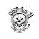 A cartoon mafia boss, bear smoking, and a fuzzy Teletubby with a trucker hat, holding a hunting rifle, and a cooler righ tattoo design idea