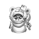 A cartoon mafia boss, bear smoking, and a fuzzy Teletubby with a trucker hat, holding a hunting rifle, and a cooler righ tattoo design idea