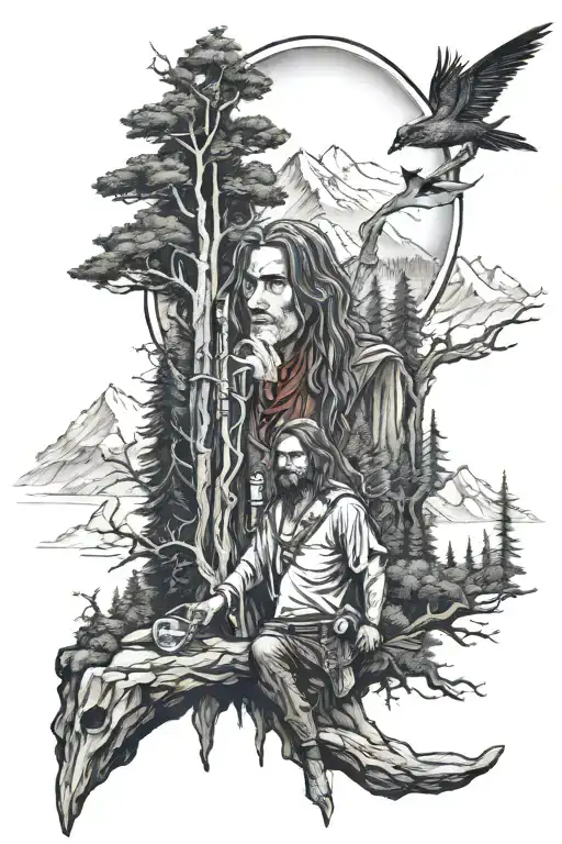 Narsil from lord of the rings broken sword in a mountain forest tattoo design idea
