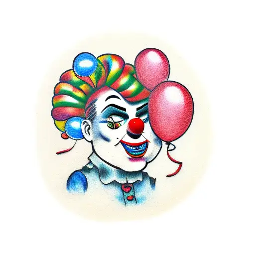 sad clown with balloons tattoo design idea