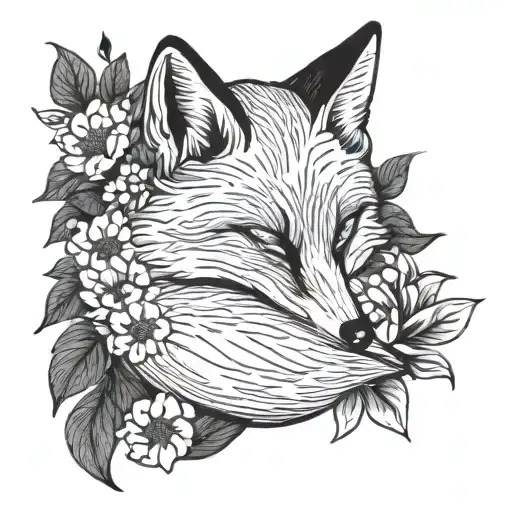 fox sleeping surrounded by flowers  tattoo design idea