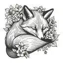 fox sleeping surrounded by flowers  tattoo design idea