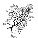 Create a minimalist tattoo of a Japanese cherry blossom tree with the names Chloe and Caleo integrated into the branches tattoo design idea