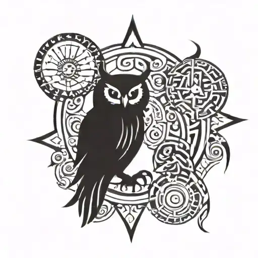 sun and owl sitting tattoo design idea