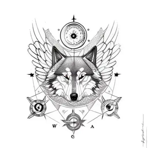 angel and bear and compass and stars and wolf and trees and moon tattoo design idea