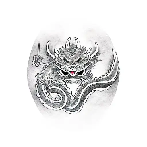 dragon, katana, oni mask tattoo design idea