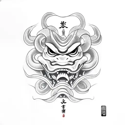 snake, oni mask tattoo design idea