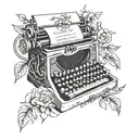 A black and grey tattoo of a vintage typewriter with flower vines growing out of the keys, symbolizing creativity and inspiration tattoo design idea