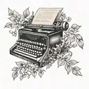 A black and grey tattoo of a vintage typewriter with flower vines growing out of the keys, symbolizing creativity and inspiration tattoo design idea