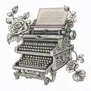 A black and grey tattoo of a vintage typewriter with flower vines growing out of the keys, symbolizing creativity and inspiration tattoo design idea