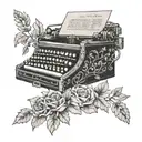 A black and grey tattoo of a vintage typewriter with flower vines growing out of the keys, symbolizing creativity and inspiration tattoo design idea