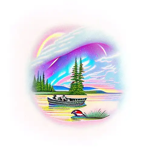 leech lake Minnesota with a loon and the northern lights  tattoo design idea