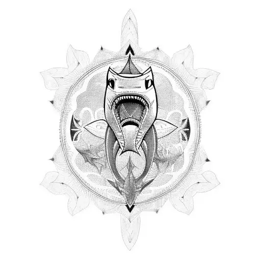 A tribal-inspired design featuring a powerful shark in blackwork style. tattoo design idea