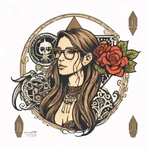 profile girl, glasses, long straight brown hair, looking above, big nose, ace of spades card, text:QOS tattoo design idea