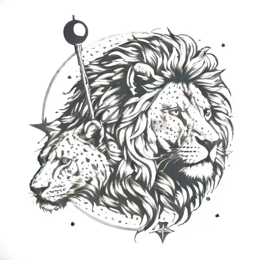 lion head, compass and comet tattoo design idea