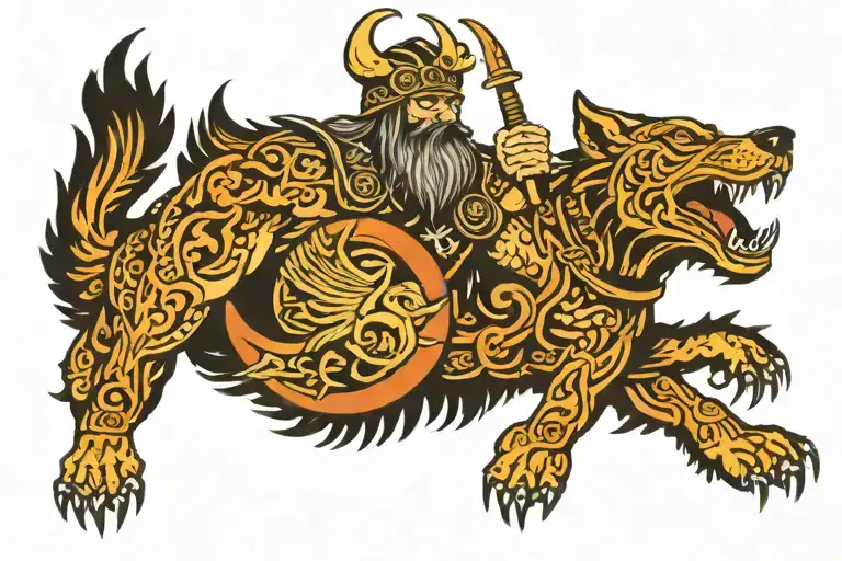 scandinavian war god tyr with fenrir tattoo design idea
