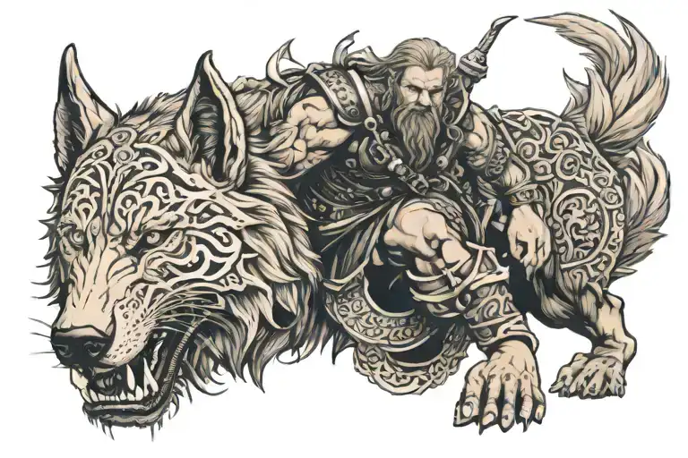 scandinavian war god tyr with fenrir  tattoo design idea