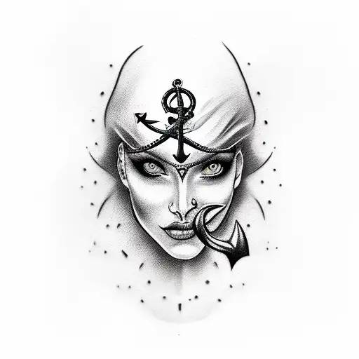 woman face with pirate flag and anchor tattoo design idea