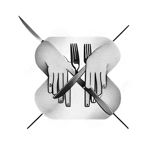 two male hands shaking with a fork on the left hand side and a knife on the right hand side  abow is a picture of a bow  tattoo design idea