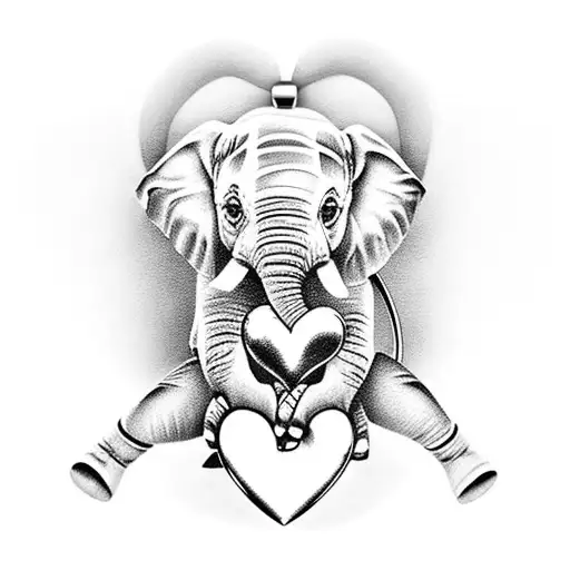 A detailed realism tattoo of a baby elephant holding a heart-shaped locket with the date of birth engraved on it tattoo design idea