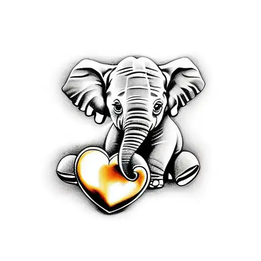A detailed realism tattoo of a baby elephant holding a heart-shaped locket with the date of birth engraved on it tattoo design idea