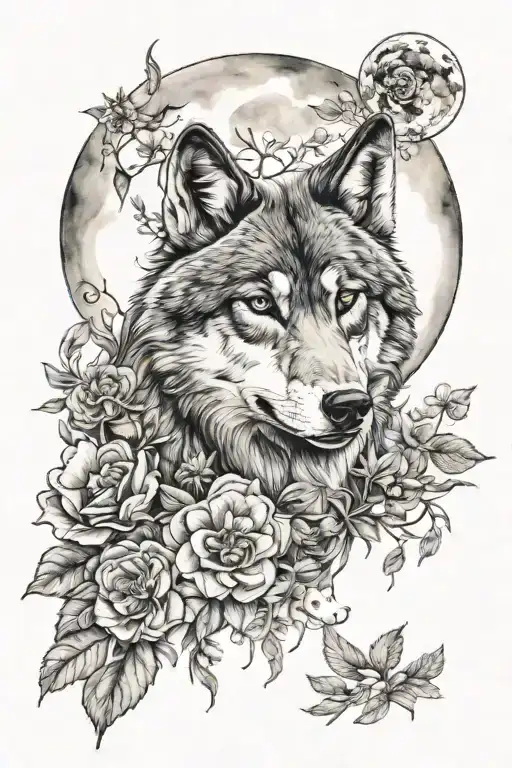 wolf moon flowers surrounding tattoo design idea