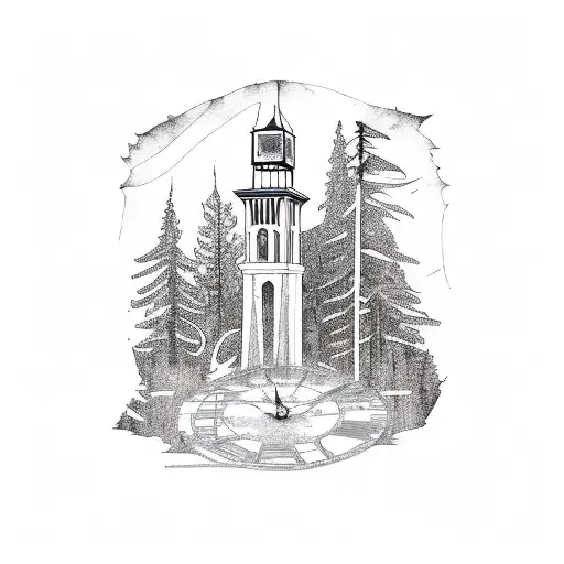 PNW Forest with a Clock Tower in the middle tattoo design idea