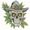 Mexican skull with a marijuana joint in its mouth, with the name PP and letters INK. tattoo design idea