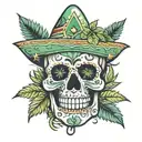 Mexican skull with a marijuana joint in its mouth, with the name PP and letters INK. tattoo design idea