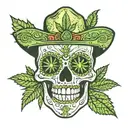 Mexican skull with a marijuana joint in its mouth, with the name PP and letters INK. tattoo design idea