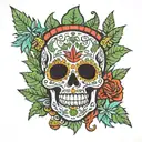Mexican skull with a marijuana joint in its mouth, with the name PP and letters INK. tattoo design idea