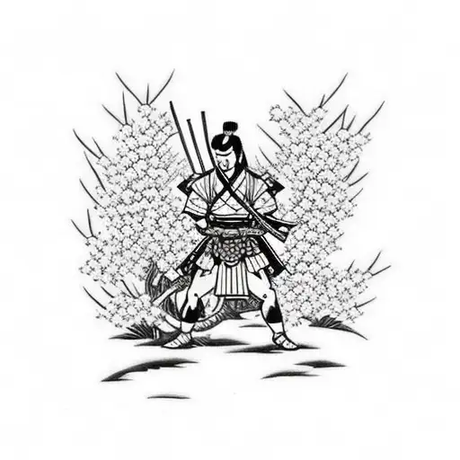 samurai standing under cherry blossom tree tattoo design idea