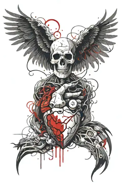 creepy skull man holding a human heart with a phoenix in the background and lightening bolts  tattoo design idea