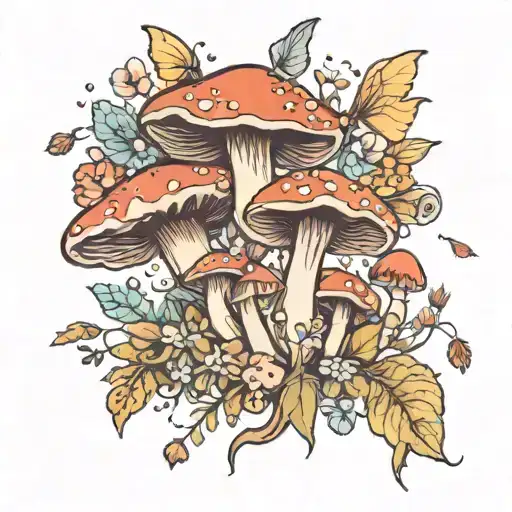 mushrooms and fairies flying with wild flowers tattoo design idea