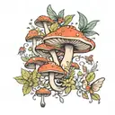 mushrooms and fairies flying with wild flowers tattoo design idea